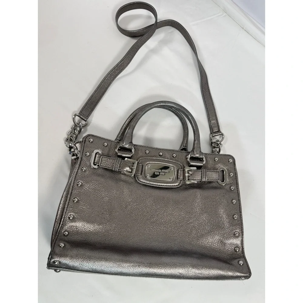 Michael Kors Hamilton Satchel Metallic Pewter Studded Leather Crossbody Bag